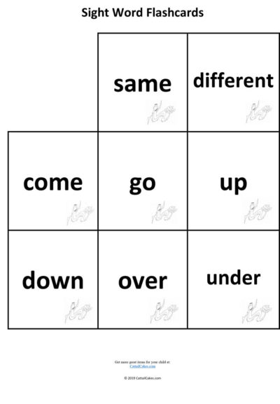 Sight Words Flashcards - same, different, come, go, up, down, over ...